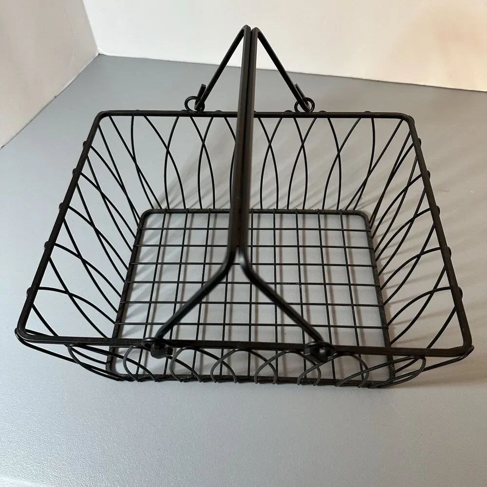 Black Wrought Iron Rectangle Storage Basket Open Design Handles 5.25” x 11” x 10